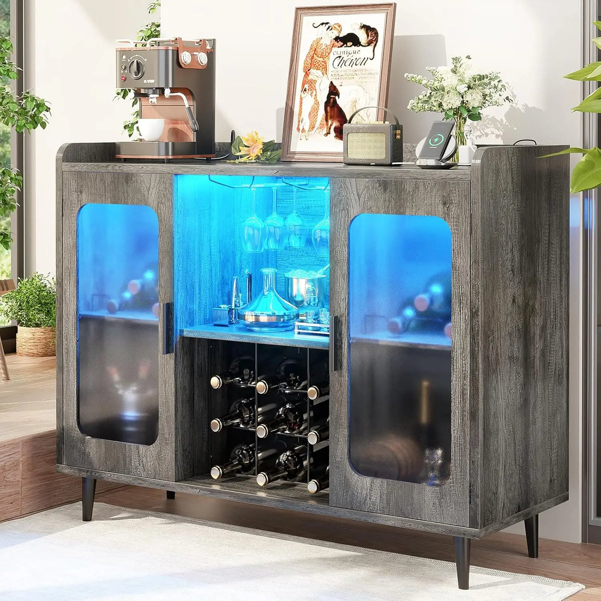 Armário de Bar de Vinho com Tomada, Armário de Bebidas com Luz LED e Suporte para Copos, Armário de Café para Casa, Personalizado