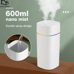 Umidificador de Ar 600ML com Dupla Saída de Spray, Difusor de Óleos Essenciais, Atomizador Silencioso e Luzes Coloridas Para Casa, Escritório ou Carro