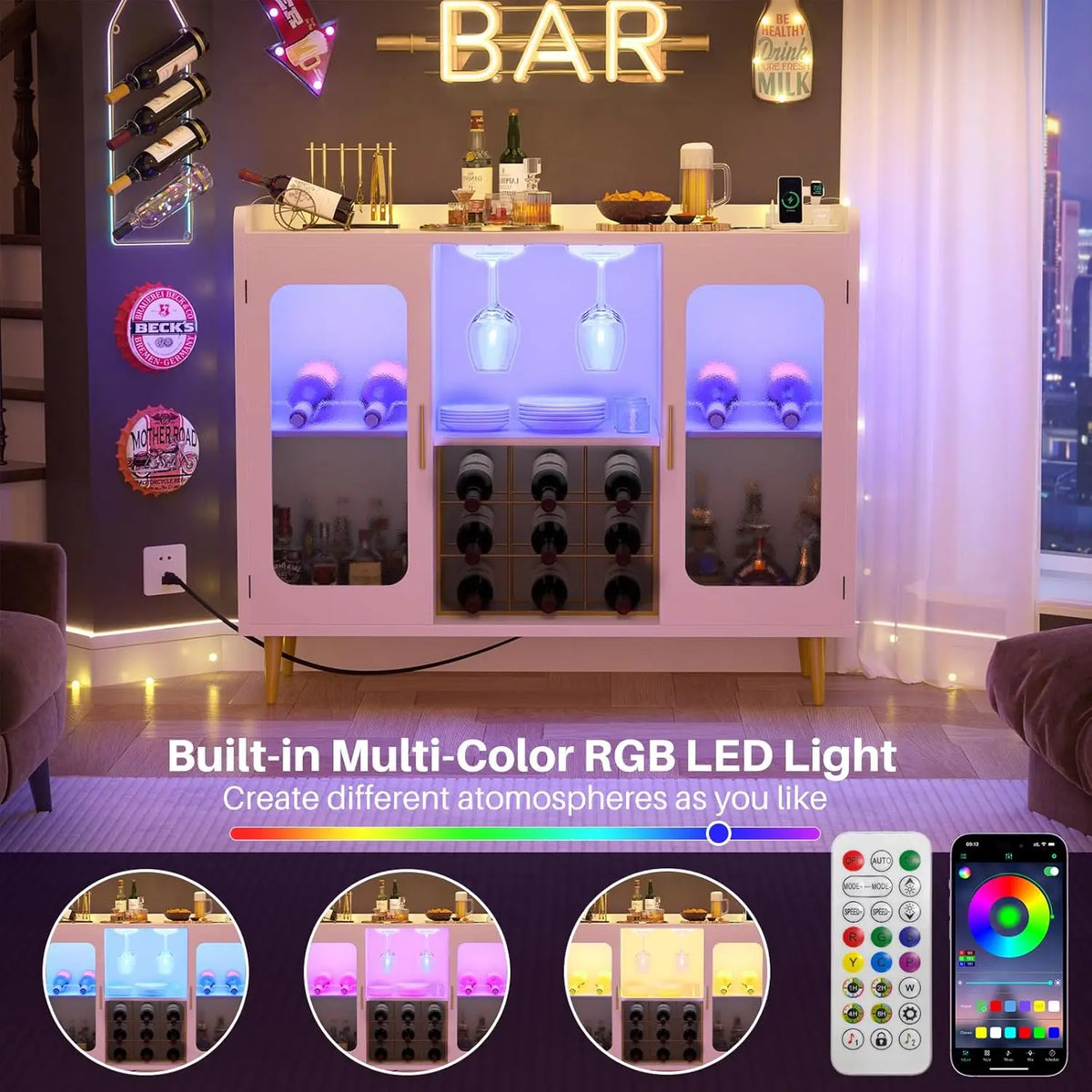 Armário de Bar de Vinho com Tomada, Armário de Bebidas com Luz LED e Suporte para Copos, Armário de Café para Casa, Personalizado