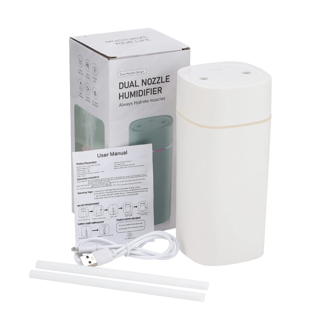 Umidificador de Ar 600ML com Dupla Saída de Spray, Difusor de Óleos Essenciais, Atomizador Silencioso e Luzes Coloridas Para Casa, Escritório ou Carro