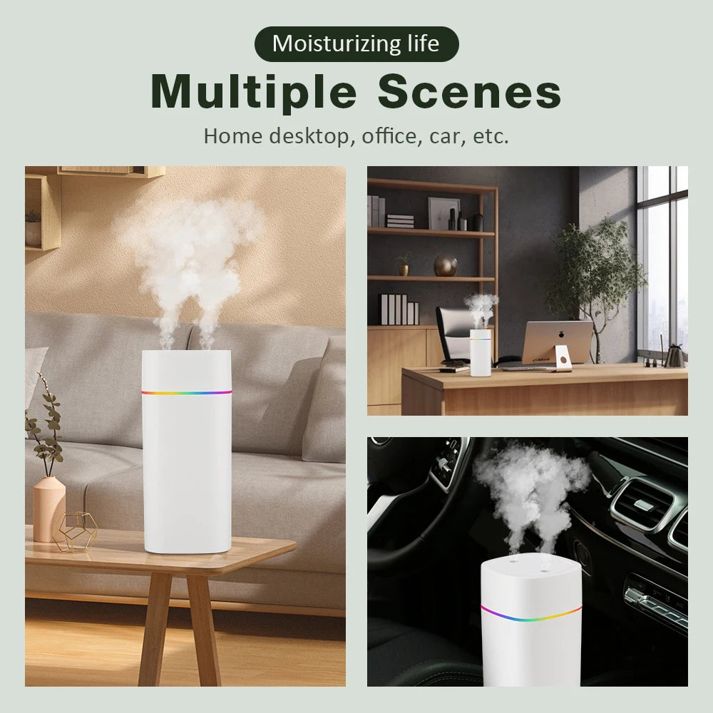 Umidificador de Ar 600ML com Dupla Saída de Spray, Difusor de Óleos Essenciais, Atomizador Silencioso e Luzes Coloridas Para Casa, Escritório ou Carro