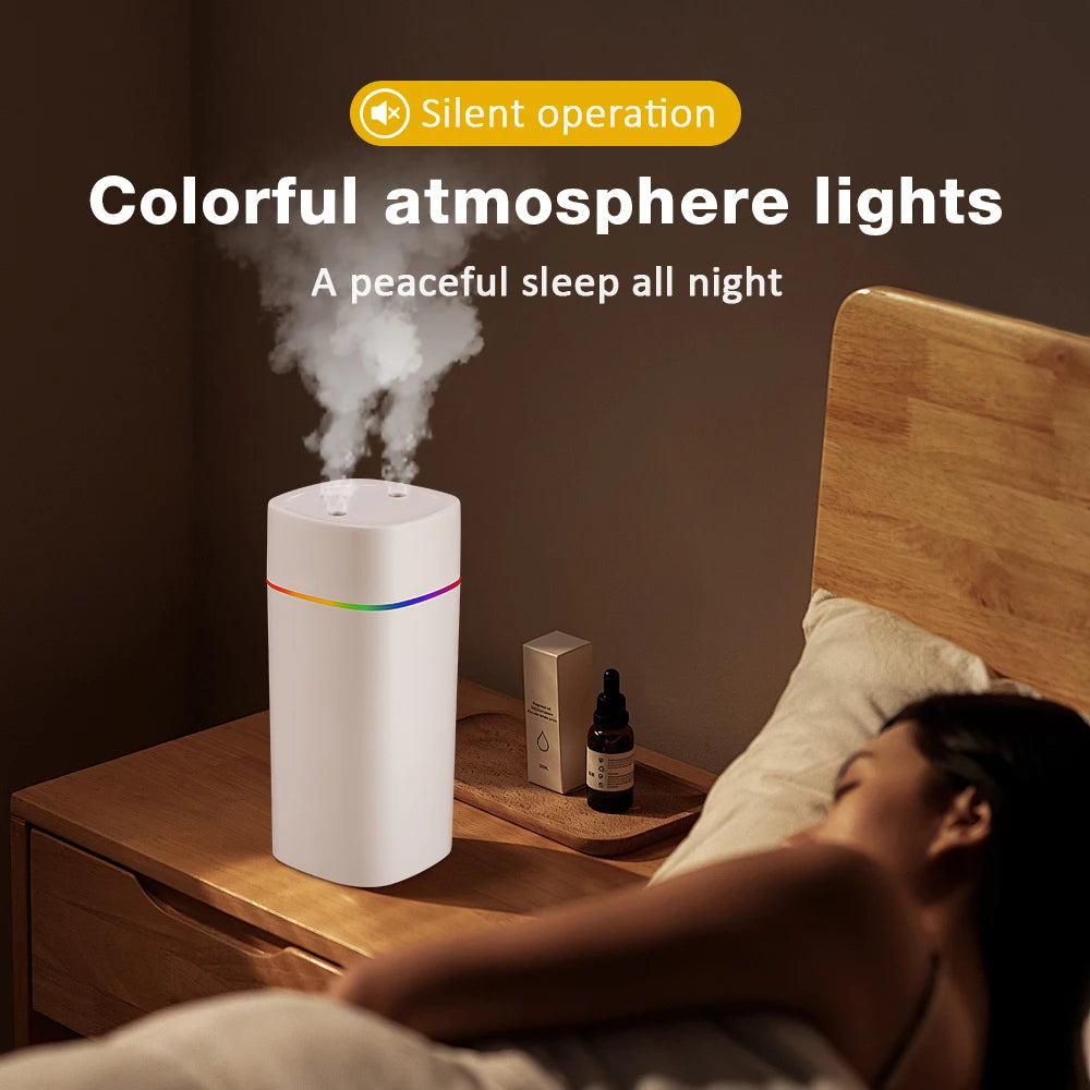 Umidificador de Ar 600ML com Dupla Saída de Spray, Difusor de Óleos Essenciais, Atomizador Silencioso e Luzes Coloridas Para Casa, Escritório ou Carro