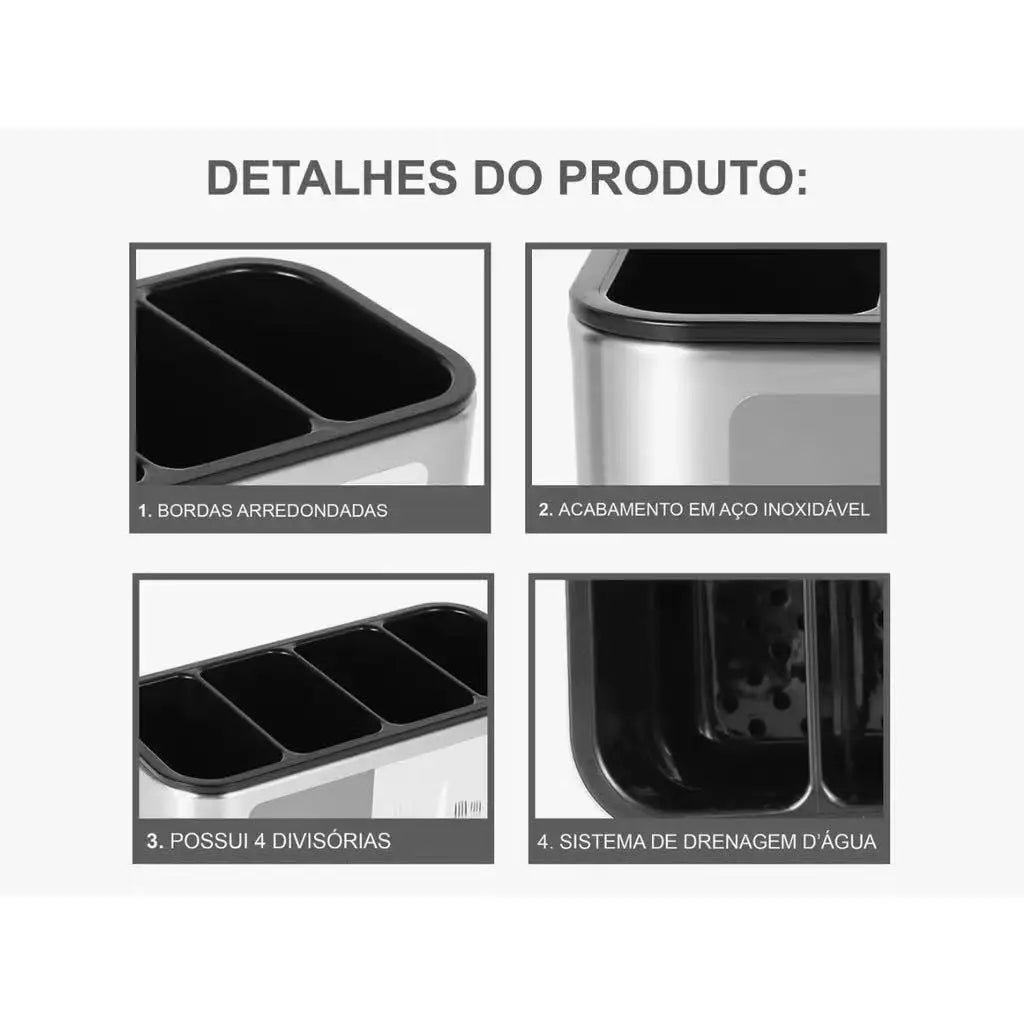 Escorredor de Talheres de Porta em Aço Inox com 4 Divisórias e Drenagem de Água