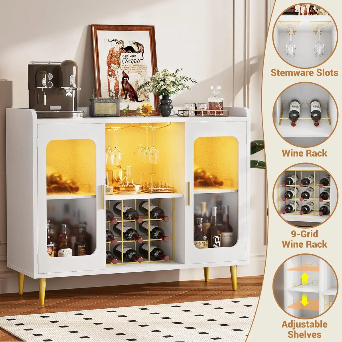 Armário de Bar de Vinho com Tomada, Armário de Bebidas com Luz LED e Suporte para Copos, Armário de Café para Casa, Personalizado