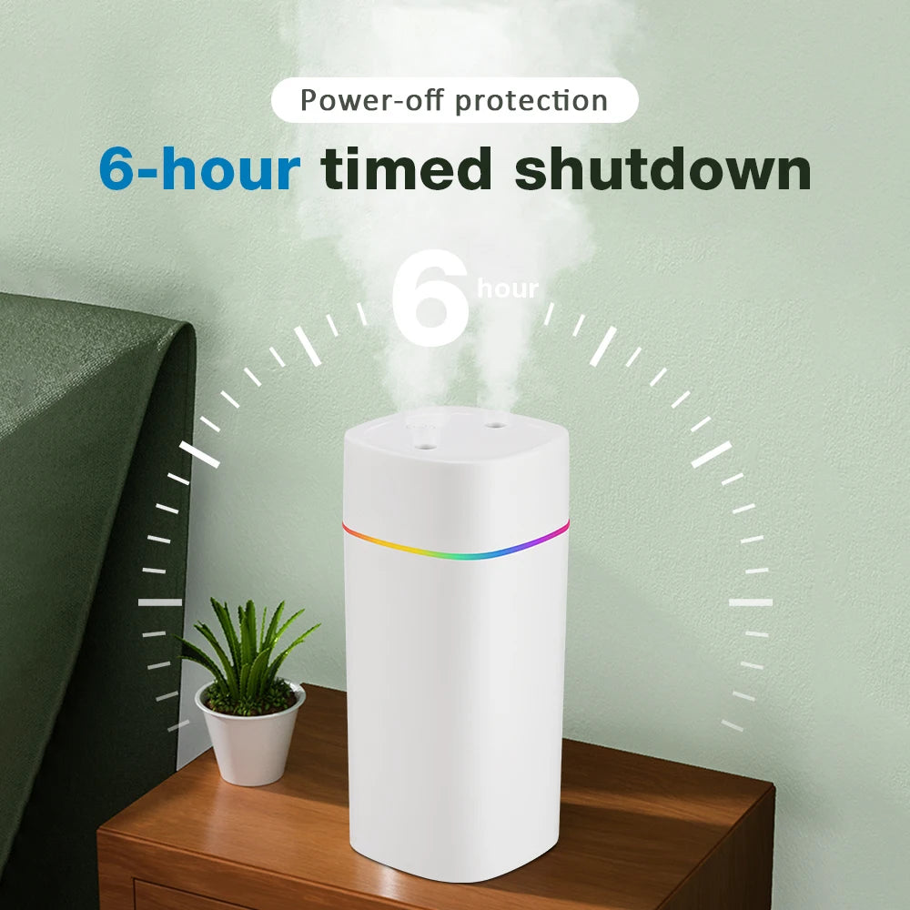 Umidificador de Ar 600ML com Dupla Saída de Spray, Difusor de Óleos Essenciais, Atomizador Silencioso e Luzes Coloridas Para Casa, Escritório ou Carro