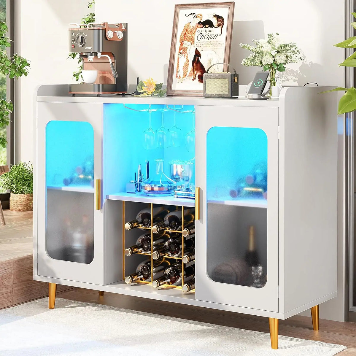 Armário de Bar de Vinho com Tomada, Armário de Bebidas com Luz LED e Suporte para Copos, Armário de Café para Casa, Personalizado